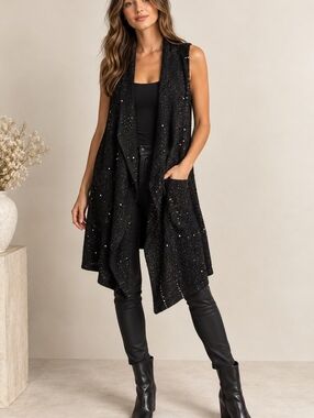 Alice + Olivia Sleeveless Sequin Knit Vest Black Cotton Blend